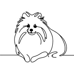 Minimalist line drawing of a dog resembling a Pomeranian with fluffy fur, big eyes,  smiling expression, home pets, companion animals, simplicity, symbolizing joy, warmth, companionship.