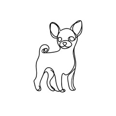 Continuous line drawing of a Chihuahua dog, featuring a raised head and curled tail, symbolizing small companion pets, loyalty, and elegance, capturing the essence of a loving pet.