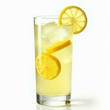 Cold lemonade in a transparent glass with floating lemon slices, isolated on white background