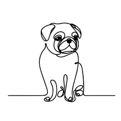 Minimalist Line Drawing of Pug Sitting – Continuous Line Art Depicting Pug’s Eyes, Ears, Body, Representing Playfulness, Simplicity, Endearing Pet Nature, White Background Enhancing Focus on Shape