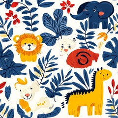 Fototapeta premium Whimsical Jungle Animal Pattern: A colorful, kid-friendly design with playful animals.