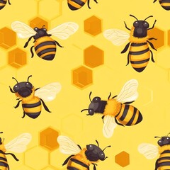 Cartoon bees hover against a yellow honeycomb background, creating a vibrant pattern.