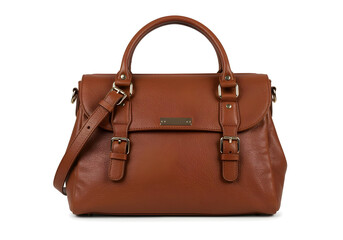 Stylish Brown Leather Handbag With Handles And Buckles. This high-quality leather bag is perfect for everyday use isolated on a transparent background, png.