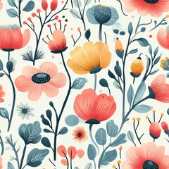 Floral pattern with colorful flowers and leaves in a repeating design against a light backdrop.