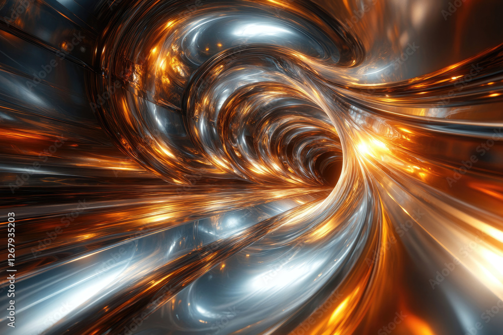 Poster Abstract metallic tunnel with swirling, glowing orange and silver textures, creating a sense of depth and movement.