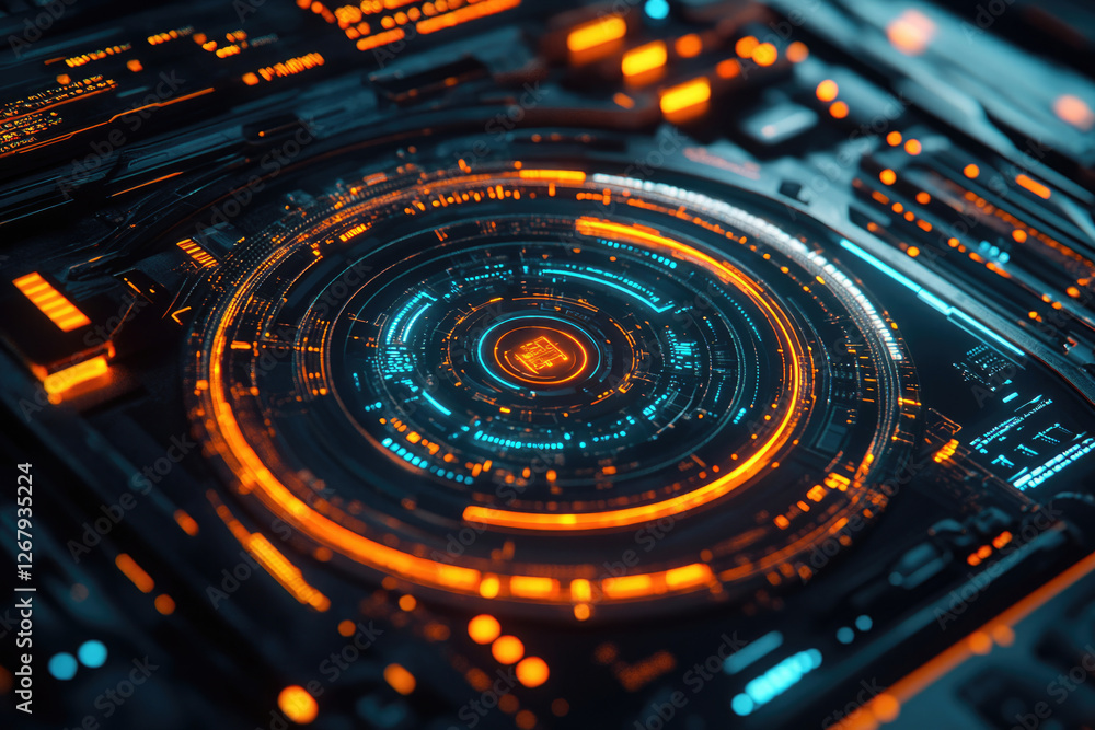 Poster close-up of a futuristic technological interface with glowing orange and blue concentric circles and