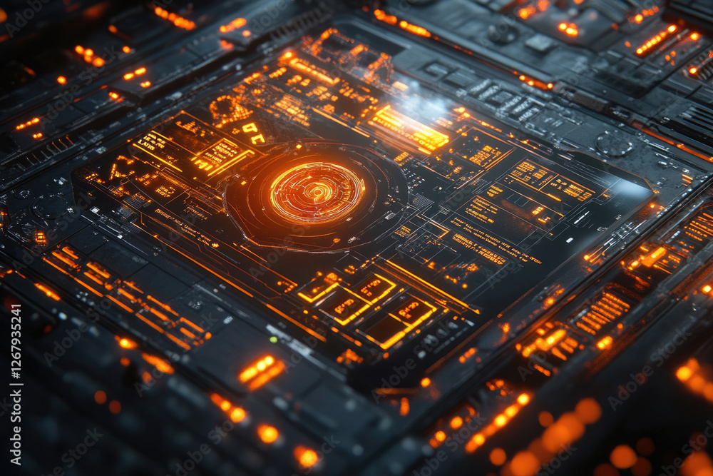 Leinwandbilder futuristic technological interface with glowing orange circuits and data displays.