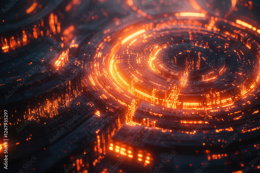 Poster abstract digital art depicting a glowing, intricate, circular structure resembling futuristic techno