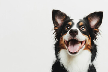 Fototapeta premium Funny and cheerful black-white-orange dog, highlighted on a white background. Care concept, animal life, health, exhibition. Isolated. Copy space for ad