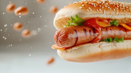 Appetizing grilled hot dog with fresh lettuce and tomato on seeded bun