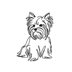 One-Line Contour Drawing of a Yorkshire Terrier Dog with Long Fur on Muzzle and Ears, Sitting in Minimalist Style, White Background