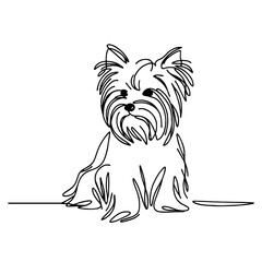 One-Line Contour Drawing of a Yorkshire Terrier Dog Sitting with Fluffy Fur and Standing Ears, Minimalist Style, White Background