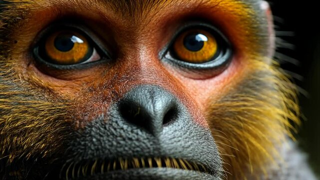 Monkey portrait, dark background, jungle setting, intense gaze