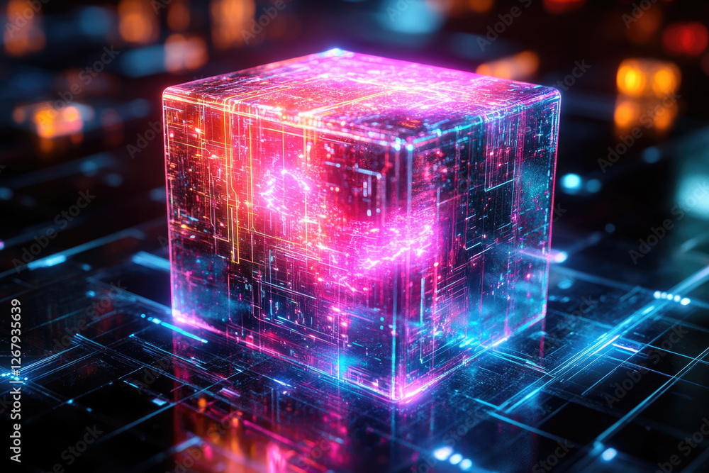 Poster A glowing cube with intricate circuitry, representing digital data processing and futuristic technology.