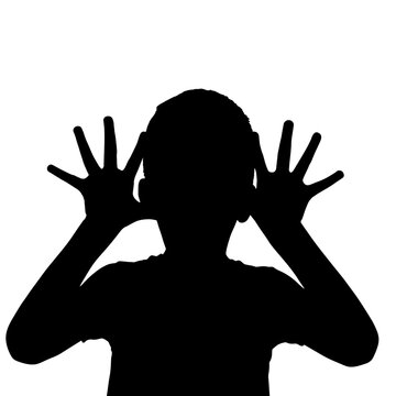 Silhouette of a Boy Making a Funny Face with His Hands &ndash; Playful Expression of Humor, Standing Facing Forward with Hands Raised to His Head, Fingers Spread, Symbolizing Childhood Joy and Innocence

