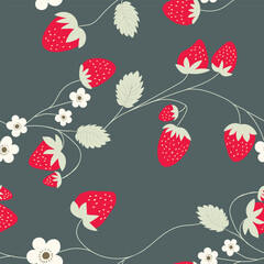 Seamless pattern with strawberry on color background. Natural delicious fresh ripe tasty fruit. Vector illustration for print, fabric, textile, banner, other design. Food concept