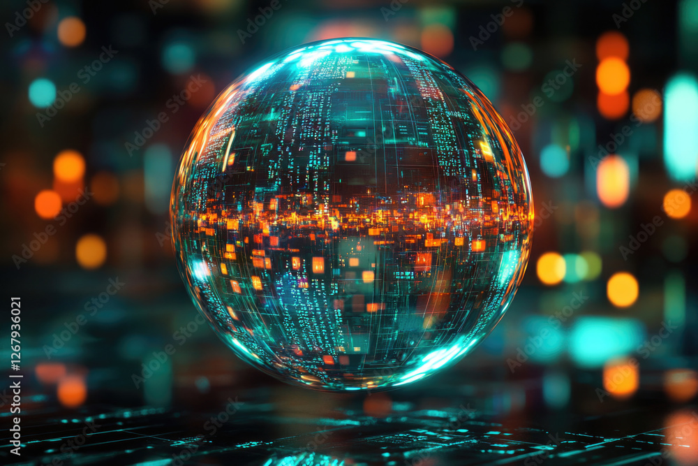 Poster A glowing sphere displays intricate digital code, symbolizing global interconnectedness and technological advancement.