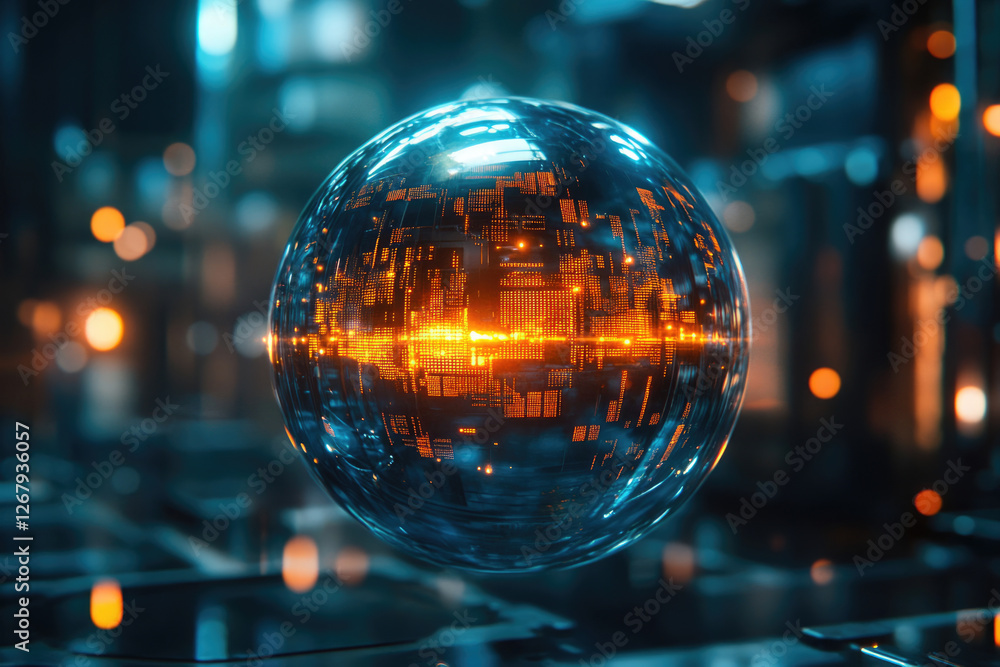 Poster A futuristic sphere encapsulating glowing circuit patterns, symbolizing technological advancement and digital connectivity.