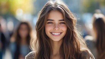 Obraz premium portrait of smiling girl with brown hair surrounded by her friends enjoying a cheerful moment and celebrating friendship in the background