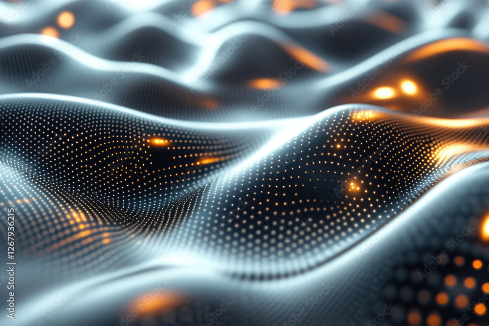 Poster Abstract wavy surface with glowing particles, representing data flow or digital landscape.