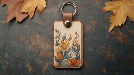 Colorful Floral Keychain Design with Autumn Leaves Background