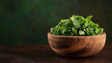 Fresh oregano leaves in a rustic wooden bowl. The vibrant green herbs stand out against the dark background.