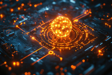 Glowing sphere on a circuit board, representing global network connectivity and data flow.