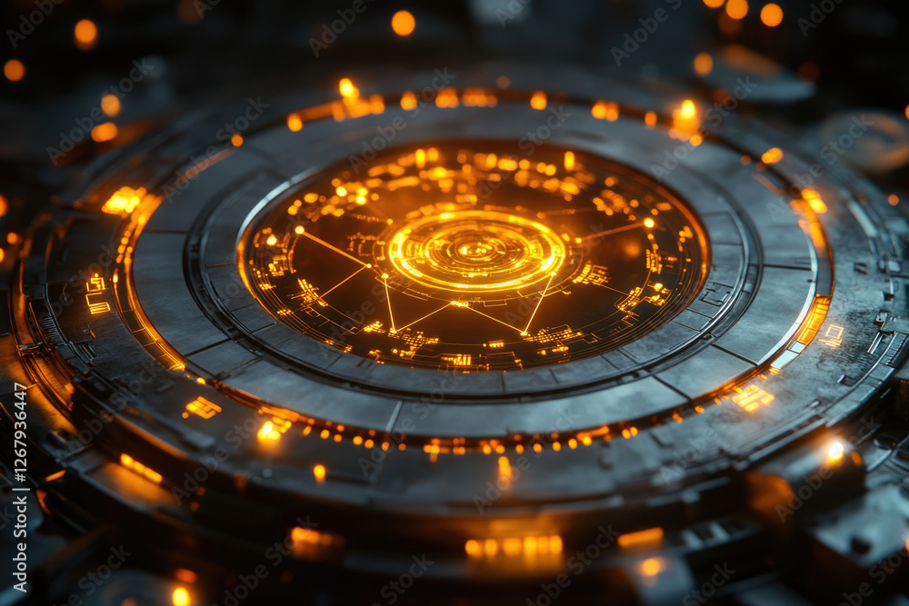 Poster futuristic circular technological interface with glowing orange lines and intricate details.