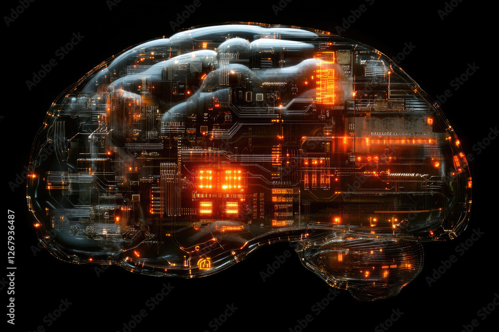 Aufkleber A transparent brain model with glowing circuitry, representing artificial intelligence or neural networks.