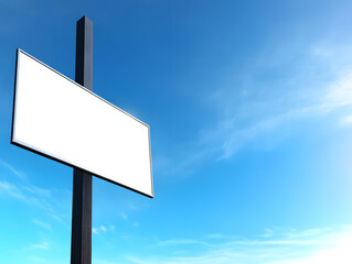 Blank signboard on a pole against a blue sky with wispy clouds. Ready for custom text, offering advertising or informational possibilities.