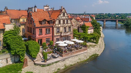 Fototapeta premium Riverfront Restaurant, Medieval Town, Sunny Day