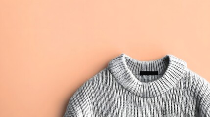 Neatly Folded Gray Woolen Sweater Displayed on Warm Peach Background
