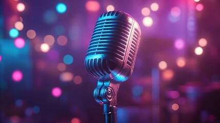 microphone on stage surrounded by colorful bokeh lights setting the mood for a vibrant and retro music performance with perfect lighting