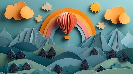 Papercraft hot air balloon soaring over rainbow mountains