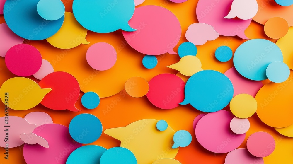 Poster this soft pastel image features various shapes and bubbles against a lively orange background, combi
