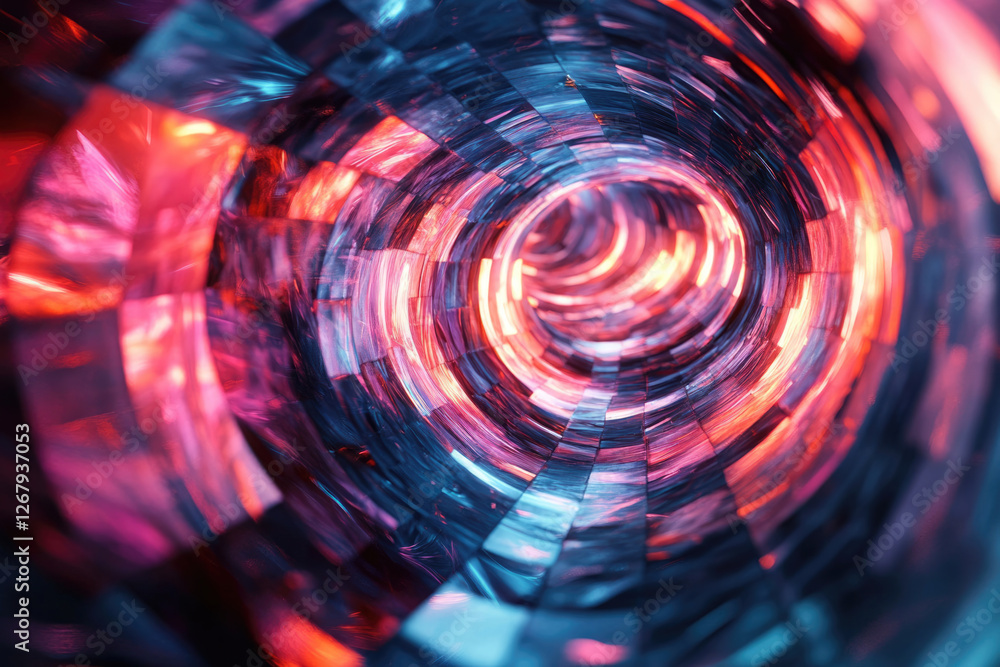 Poster abstract swirling tunnel of vibrant red and blue neon lights, creating a mesmerizing vortex.