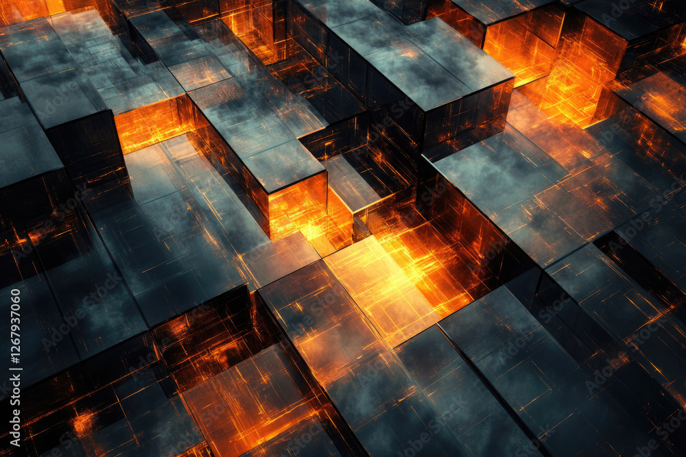 Poster abstract digital art showcasing glowing orange cubes arranged in a complex, interwoven structure.