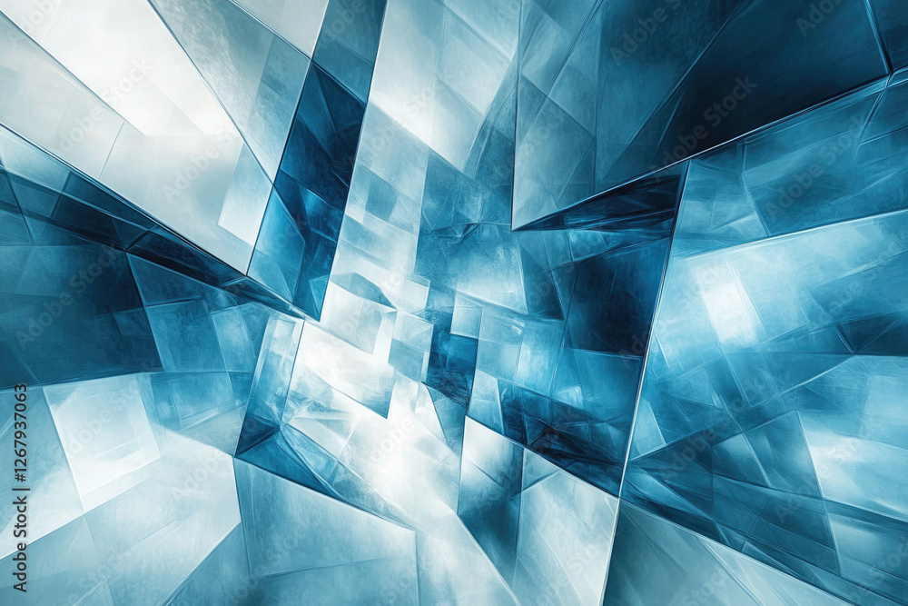 Poster abstract digital art depicting a mesmerizing, fragmented structure of shimmering blue and white geom