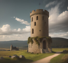 Fairy tale castle in green valley surrounded by mountains under blue sky.illustration of fantasy kingdom with natural landscape and medieval royal palace. Colorful game background.generative AI