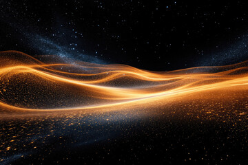 Obraz premium Glowing golden waves ripple across a dark, star-studded expanse, creating a celestial landscape.