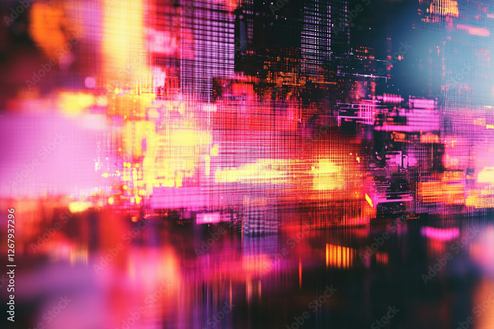 Poster abstract digital art depicting a vibrant, glitching cityscape with neon hues and data streams.