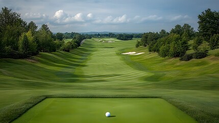 Golf swing action at scenic golf course outdoor landscape nature photography beautiful day wide-angle view sports concept for enthusiasts