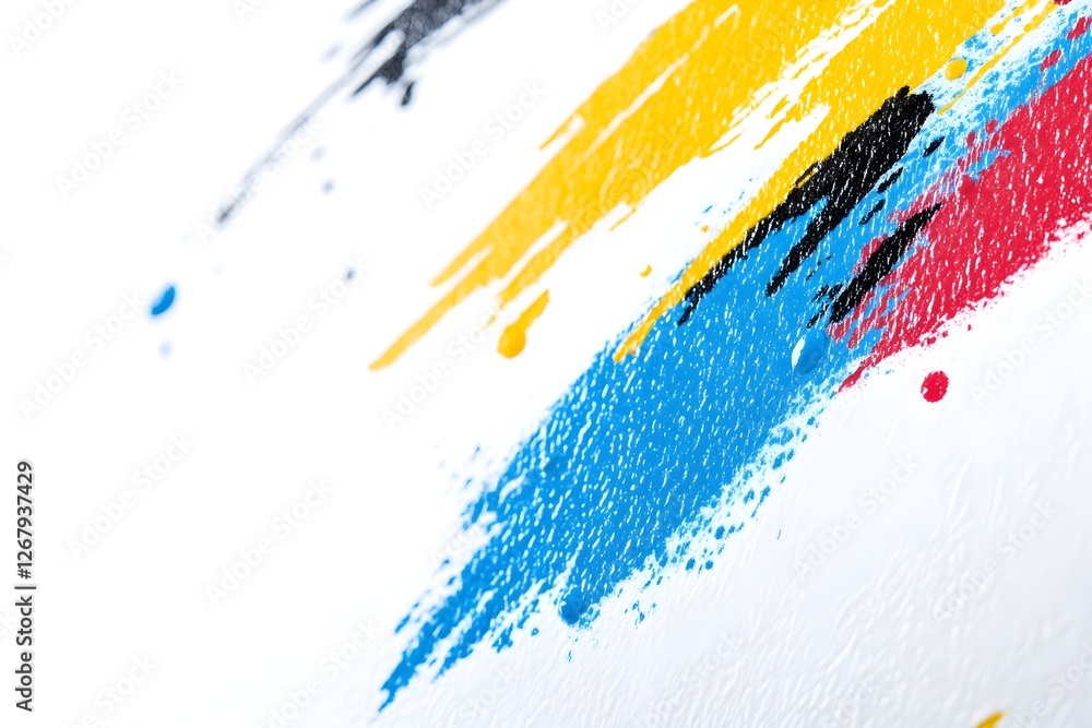 Poster vibrant brush strokes in primary colors create an abstract pattern on a white background, showcasing