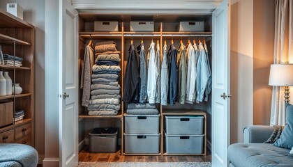 Well-organized open closet with neatly folded clothes and hanging shirts in cozy interior