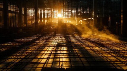 Sunset illuminates construction site, casting long shadows on rebar grid floor.
