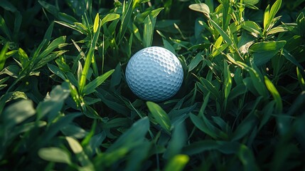 golf ball resting on vibrant green grass of a golf course on a sunny day, perfect for an outdoor sports session, offering a relaxing and scenic golfing experience