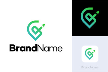 Guide location arrow Logo, letter G logo integrated icon location pin and arrow, Creative simple modern destination guides navigation Logo, Icon transportation and travel design Inspiration.