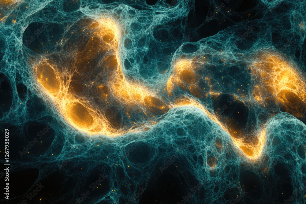 Poster Abstract fractal art depicting a mesmerizing interplay of teal and gold energy streams within a complex web-like structure.