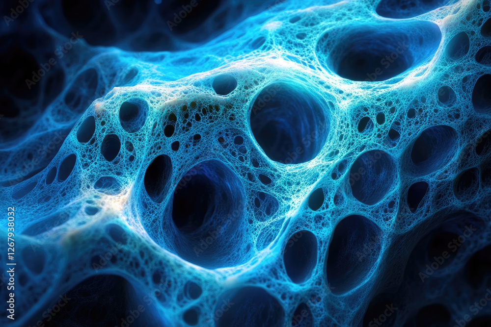 Aufkleber abstract blue fractal, intricate network of interconnected cavities resembling a porous structure or
