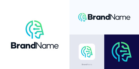 Head tech logo, simple modern robot tech logo design, Head technology software or head digital monoline vector template.